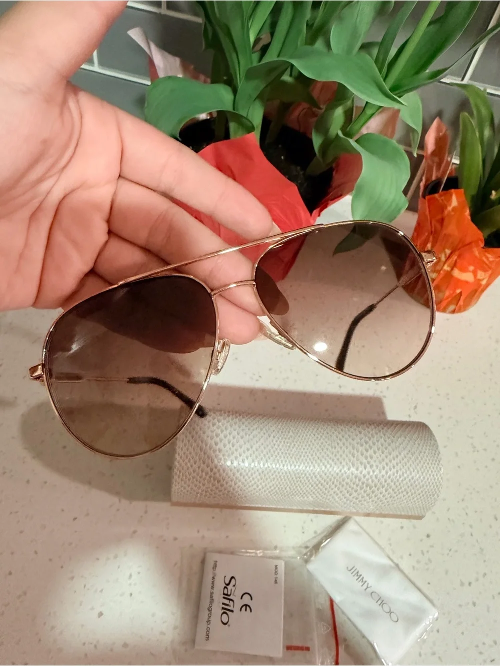 Jimmy Choo Rose Gold Aviator Sunglasses with Brown Gradient Lenses